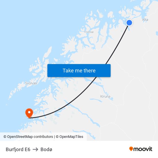 Burfjord E6 to Bodø map