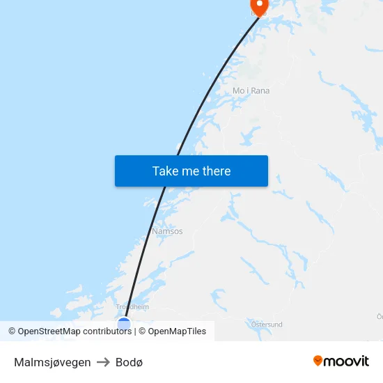 Malmsjøvegen to Bodø map