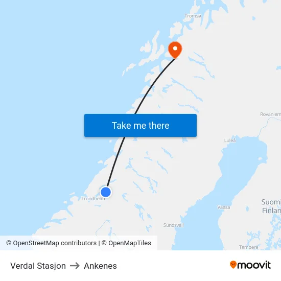 Verdal Stasjon to Ankenes map