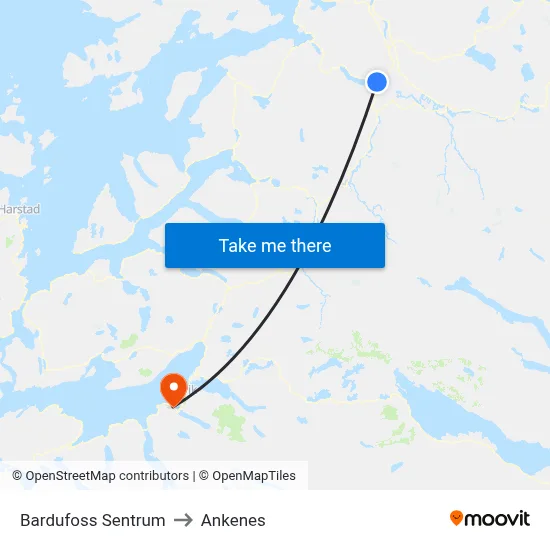 Bardufoss Sentrum to Ankenes map