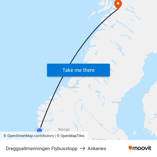 Dreggsallmenningen Flybusstopp to Ankenes map