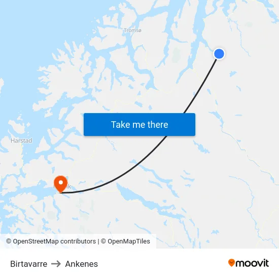 Birtavarre to Ankenes map