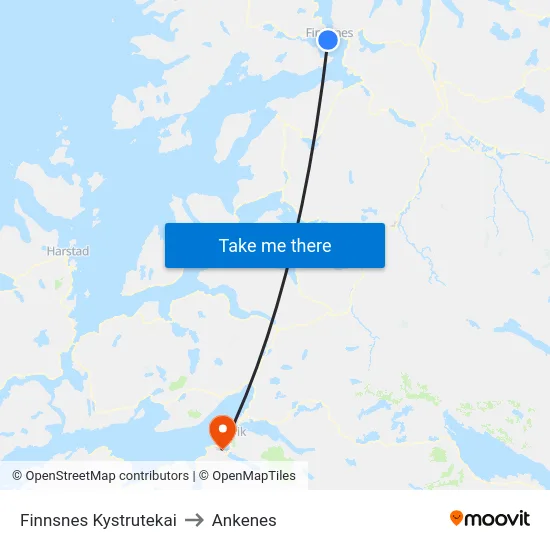 Finnsnes Kystrutekai to Ankenes map