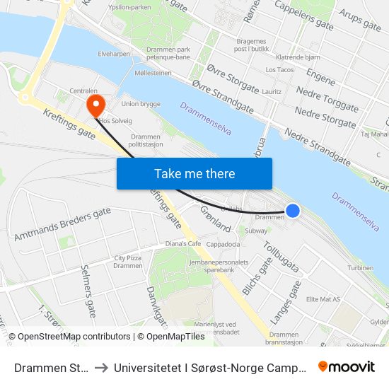 Drammen Stasjon to Universitetet I Sørøst-Norge Campus Drammen map