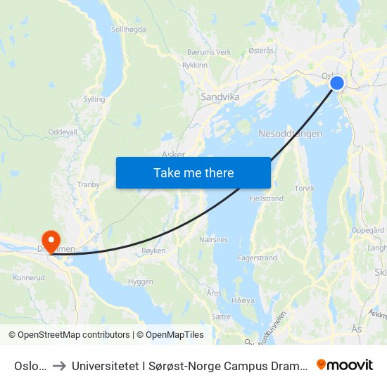 Oslo S to Universitetet I Sørøst-Norge Campus Drammen map