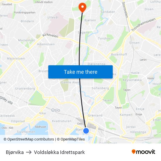 Bjørvika to Voldsløkka Idrettspark map