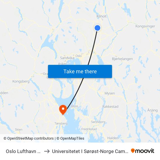 Oslo Lufthavn Stasjon to Universitetet I Sørøst-Norge Campus Vestfold map