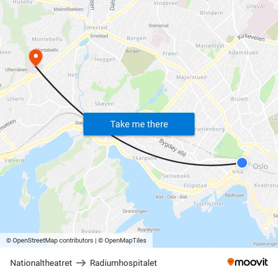 Nationaltheatret to Radiumhospitalet map