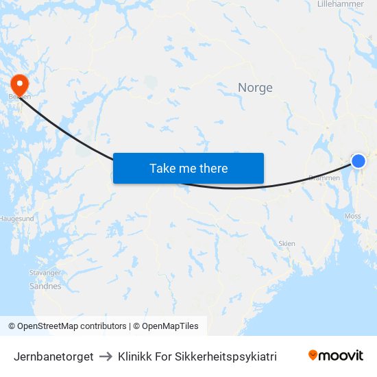 Jernbanetorget to Klinikk For Sikkerheitspsykiatri map