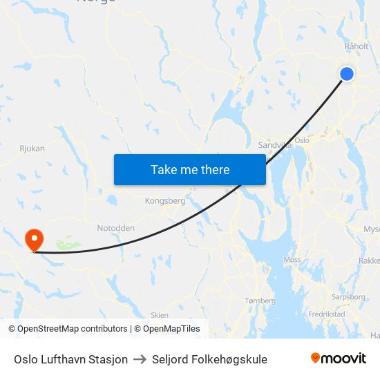 Oslo Lufthavn Stasjon to Seljord Folkehøgskule map