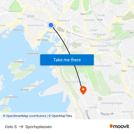 Oslo S to Sportsplassen map