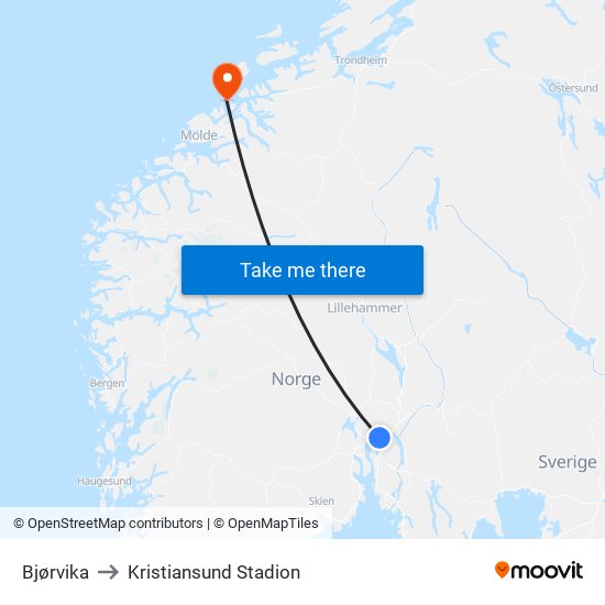 Bjørvika to Kristiansund Stadion map