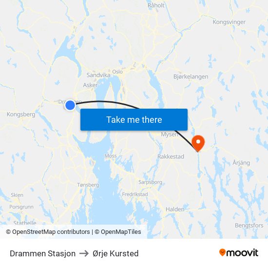 Drammen Stasjon to Ørje Kursted map
