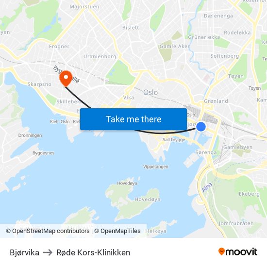 Bjørvika to Røde Kors-Klinikken map