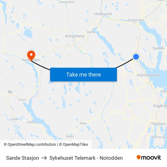 Sande Stasjon to Sykehuset Telemark - Notodden map