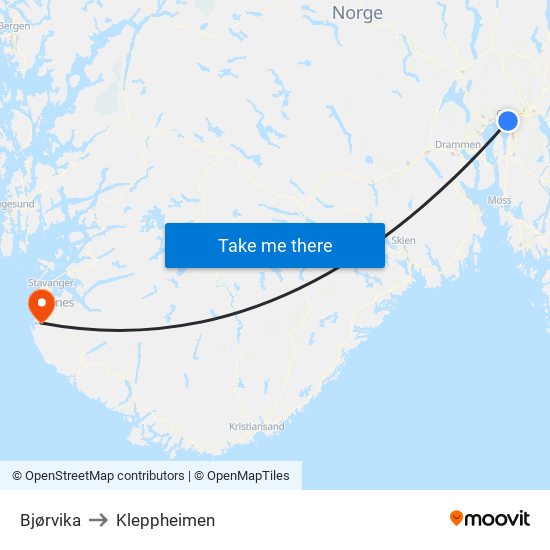 Bjørvika to Kleppheimen map