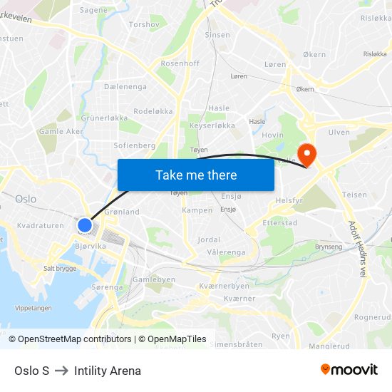 Oslo S to Intility Arena map