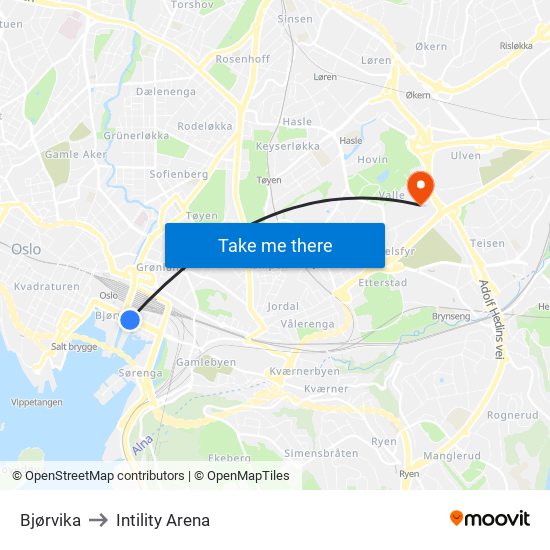 Bjørvika to Intility Arena map