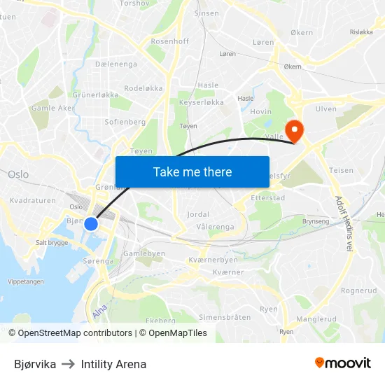 Bjørvika to Intility Arena map
