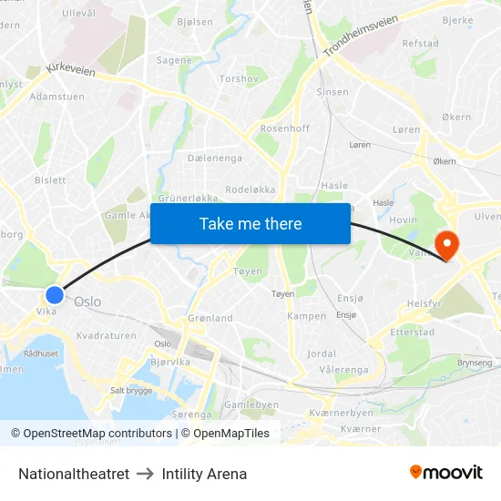 Nationaltheatret to Intility Arena map