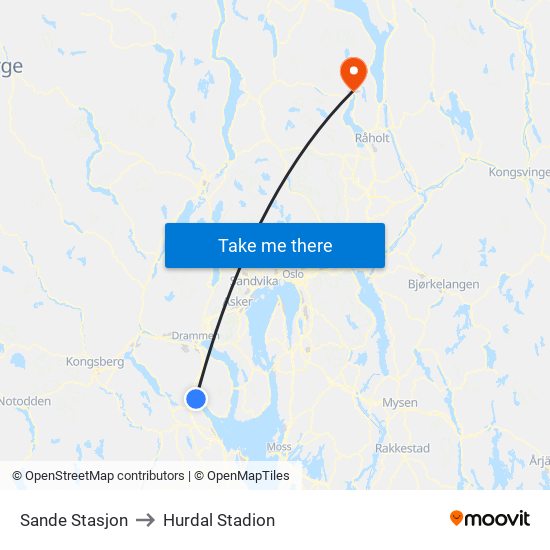 Sande Stasjon to Hurdal Stadion map