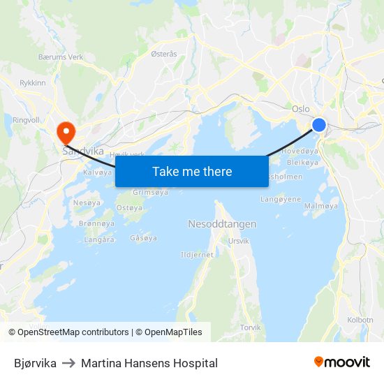 Bjørvika to Martina Hansens Hospital map