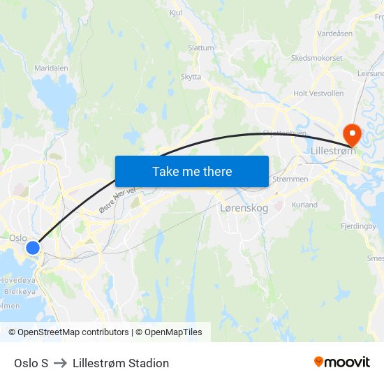 Oslo S to Lillestrøm Stadion map