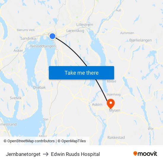 Jernbanetorget to Edwin Ruuds Hospital map