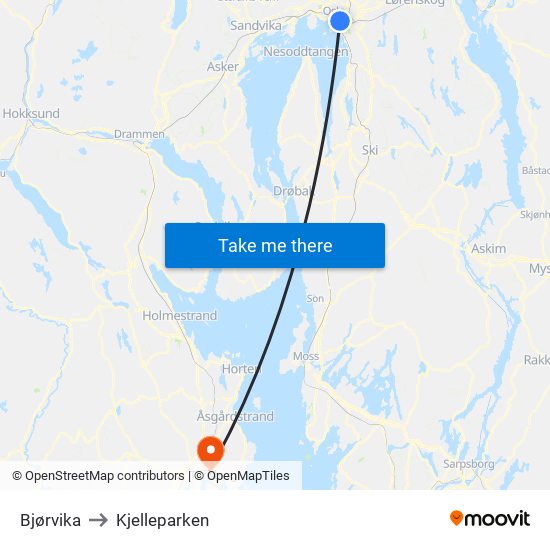 Bjørvika to Kjelleparken map