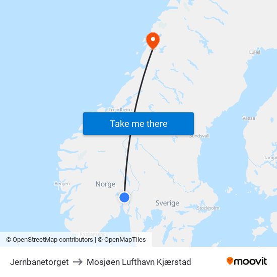 Jernbanetorget to Mosjøen Lufthavn Kjærstad map