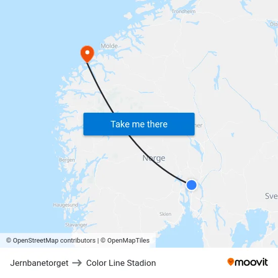 Jernbanetorget to Color Line Stadion map