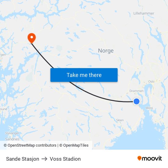 Sande Stasjon to Voss Stadion map