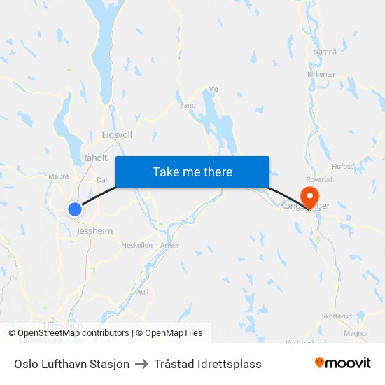 Oslo Lufthavn Stasjon to Tråstad Idrettsplass map