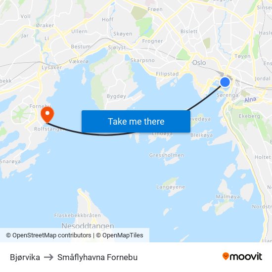 Bjørvika to Småflyhavna Fornebu map
