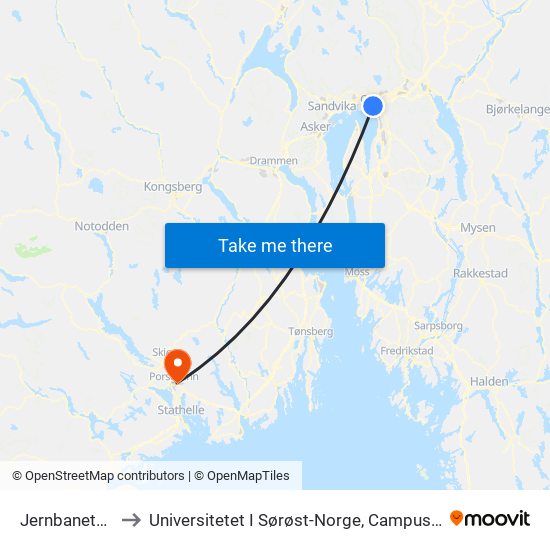 Jernbanetorget to Universitetet I Sørøst-Norge, Campus Porsgrunn map