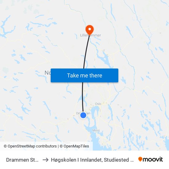 Drammen Stasjon to Høgskolen I Innlandet, Studiested Lillehamar map