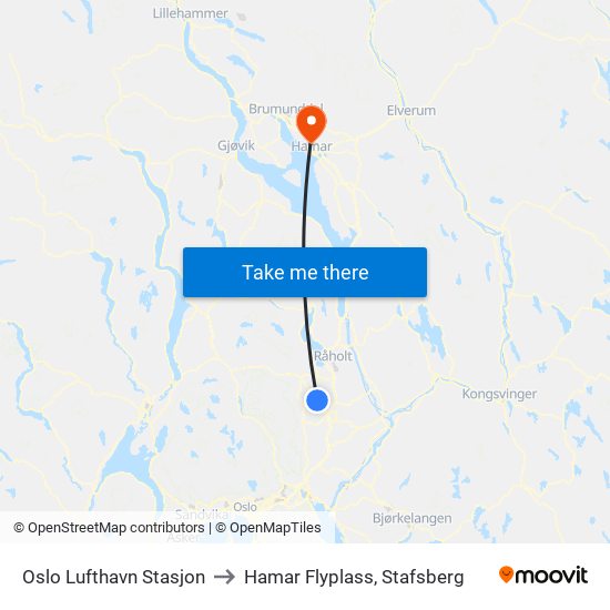 Oslo Lufthavn Stasjon to Hamar Flyplass, Stafsberg map