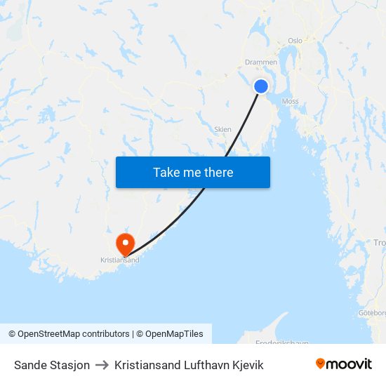 Sande Stasjon to Kristiansand Lufthavn Kjevik map