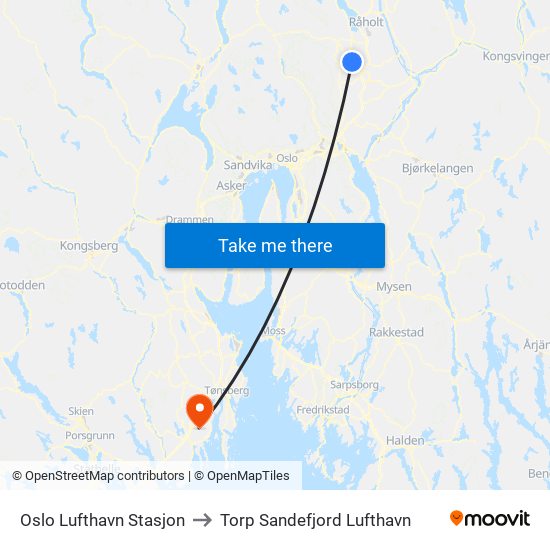 Oslo Lufthavn Stasjon to Torp Sandefjord Lufthavn map