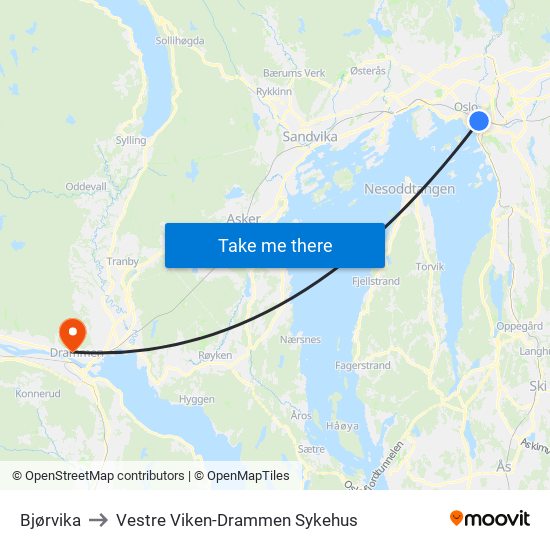 Bjørvika to Vestre Viken-Drammen Sykehus map