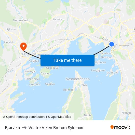 Bjørvika to Vestre Viken-Bærum Sykehus map