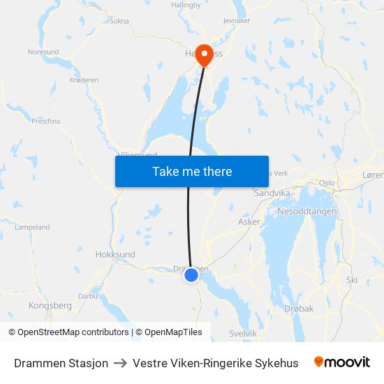 Drammen Stasjon to Vestre Viken-Ringerike Sykehus map