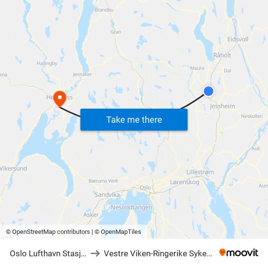 Oslo Lufthavn Stasjon to Vestre Viken-Ringerike Sykehus map