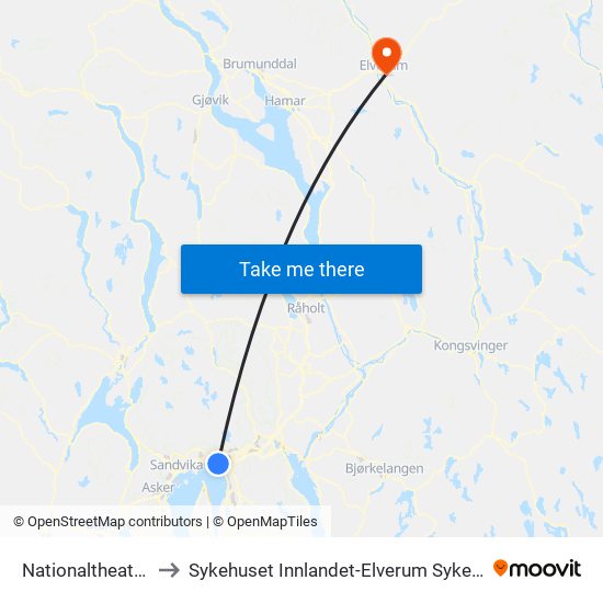 Nationaltheatret to Sykehuset Innlandet-Elverum Sykehus map