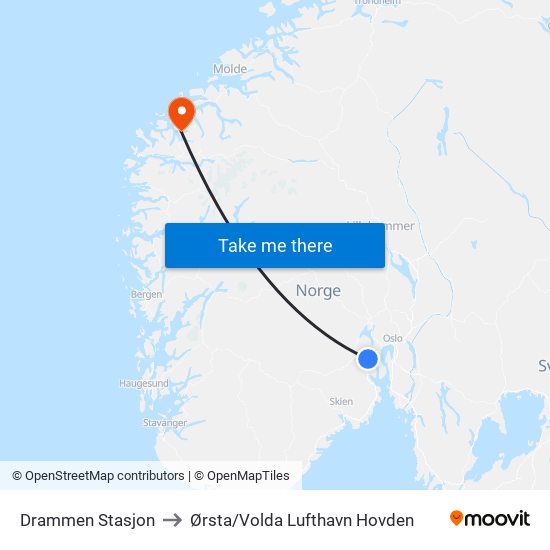 Drammen Stasjon to Ørsta/Volda Lufthavn Hovden map