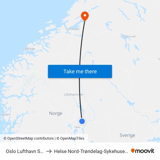 Oslo Lufthavn Stasjon to Helse Nord-Trøndelag-Sykehuset Levanger map