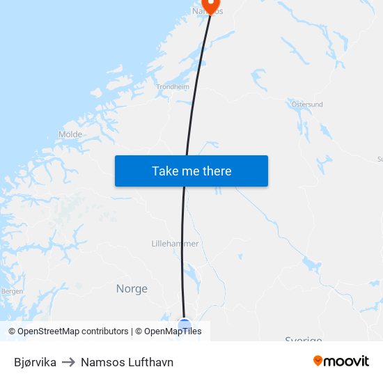 Bjørvika to Namsos Lufthavn map