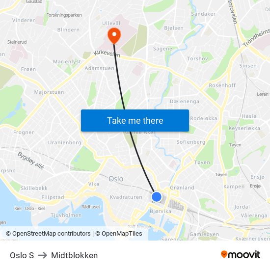 Oslo S to Midtblokken map