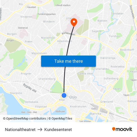 Nationaltheatret to Kundesenteret map