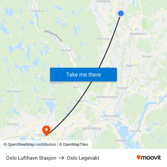 Oslo Lufthavn Stasjon to Oslo Legevakt map